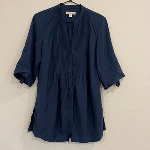 EUC Coldwater Creek Navy Button Up Roll Tab Sleeve Blouse